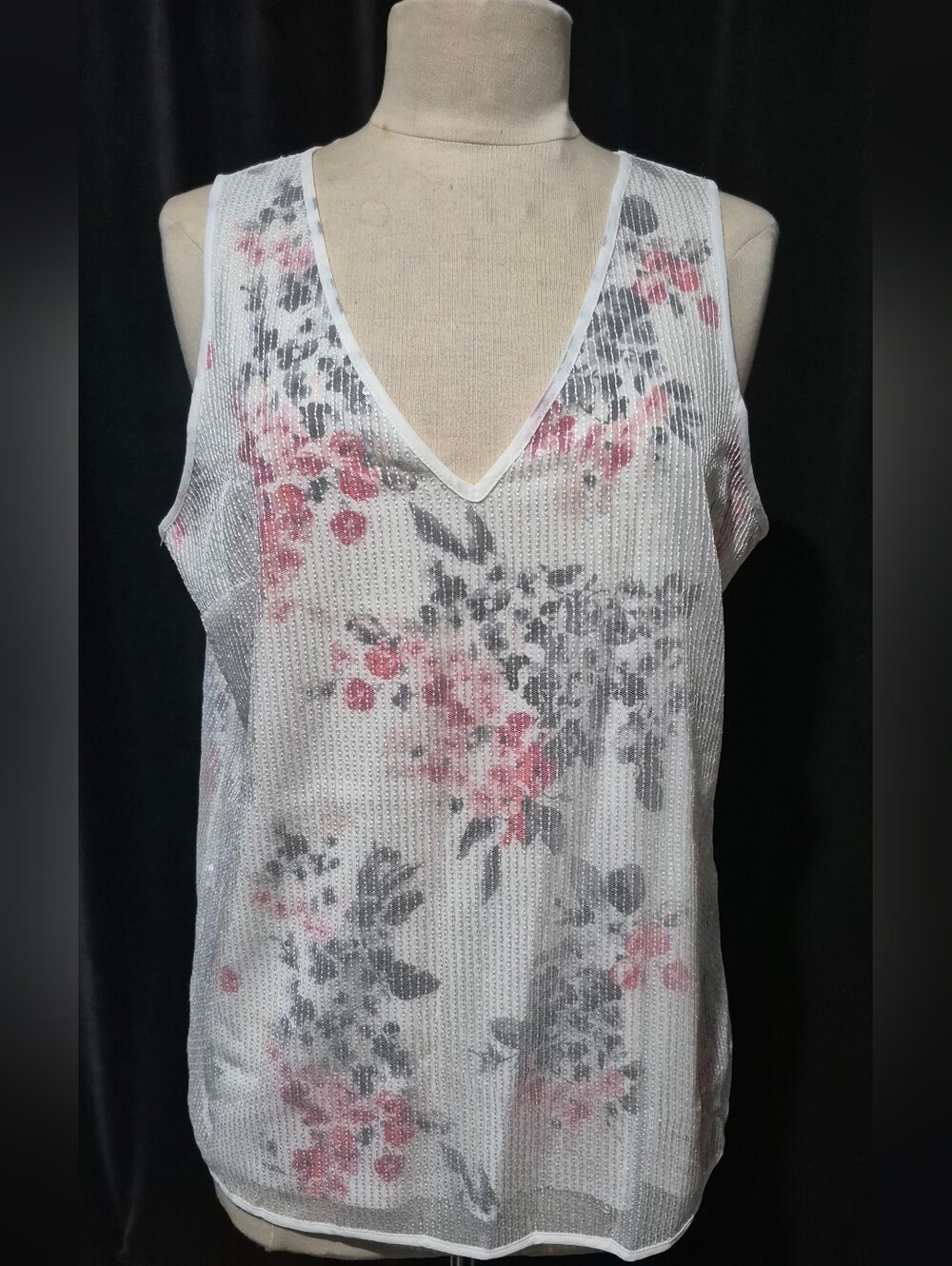 White House Black Market White Floral V-Neck Mesh Tank with Pink Accents